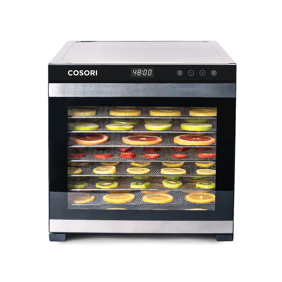COSORI Premium Pro 10-Tray Food Dehydrator filled with assorted fruit slices during dehydration