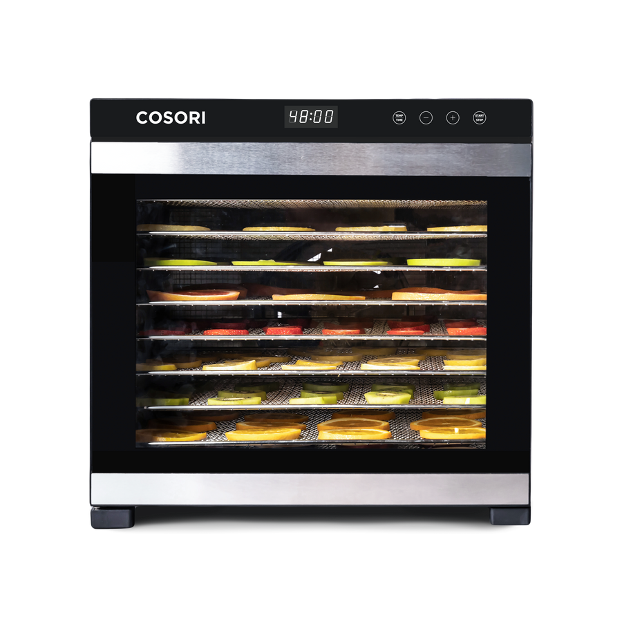 COSORI Premium Pro 10-Tray Food Dehydrator operating with food arranged across trays