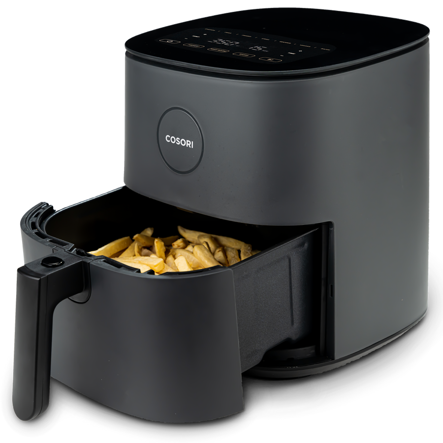 COSORI Pro LE 5.0-Quart Air Fryer with basket pulled out showing cooked food