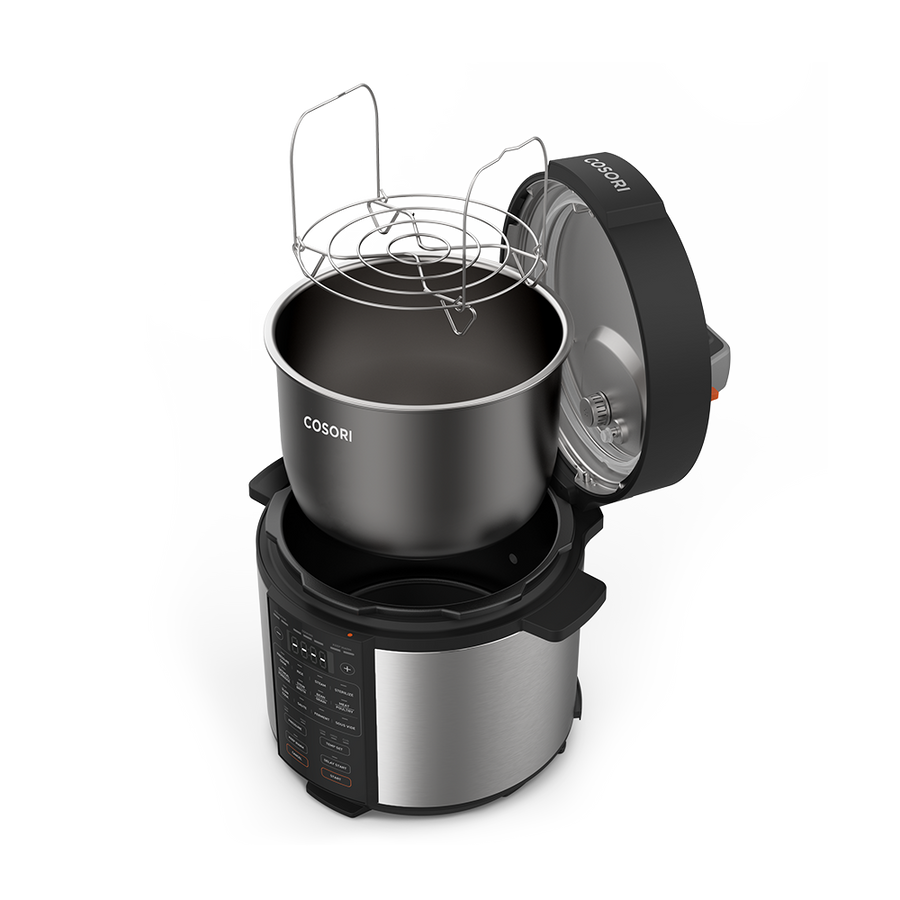 Exploded view displaying the steam rack, inner pot, and lid components of the Cosori Pressure Cooker.