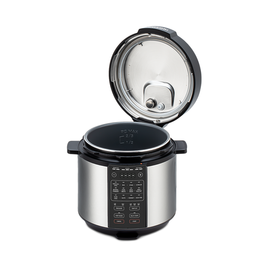 Full view of the Cosori 6.0-Quart Pressure Cooker with the hinged lid open ready for ingredients
