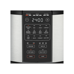 Close-up of the LED interface showing presets for Pressure Cook, Rice, Slow Cook, and Sauté