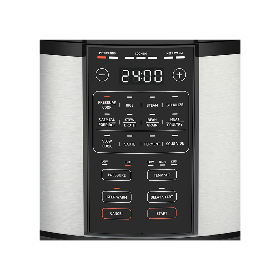 Close-up of the LED interface showing presets for Pressure Cook, Rice, Slow Cook, and Sauté