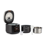 Cosori Rice Cooker displayed with all included accessories: inner pot, steam basket, paddle, and cup.
