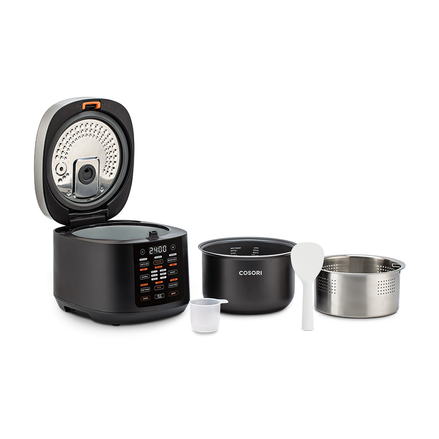 Cosori Rice Cooker displayed with all included accessories: inner pot, steam basket, paddle, and cup.