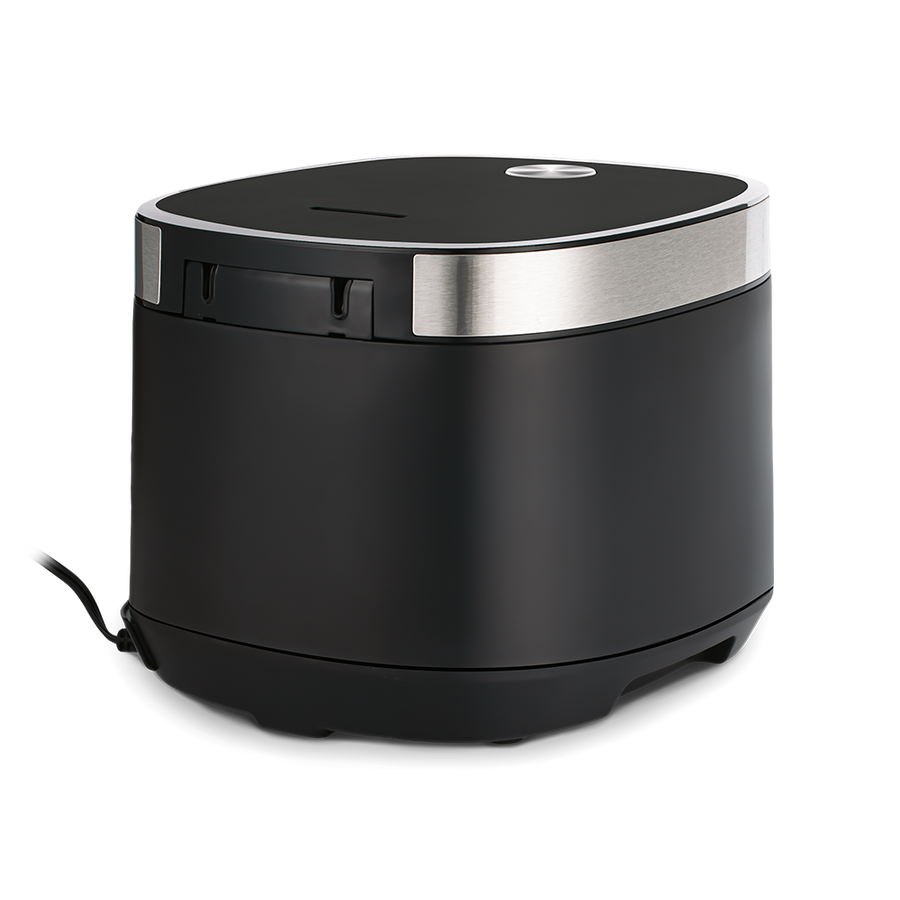 Rear angled view of the Cosori 5.0-Quart Rice Cooker showing the power cord connection.