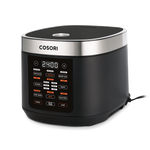 Angled side view of the black Cosori 5.0-Quart Rice Cooker showcasing its sleek modern design.