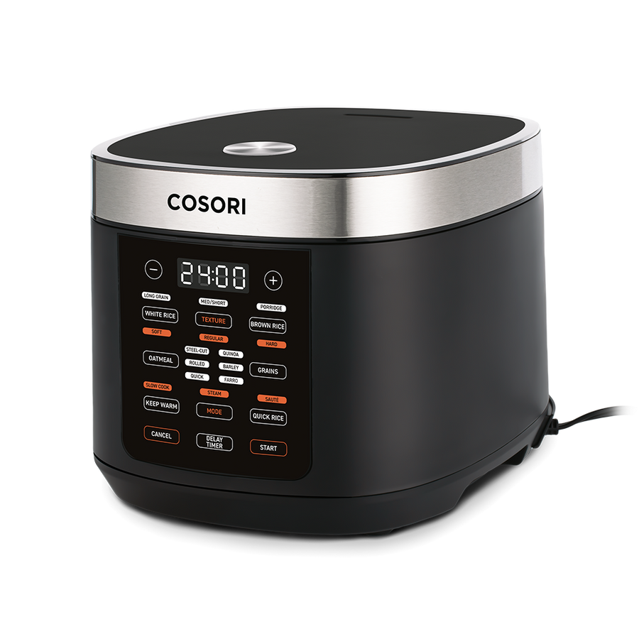 Angled side view of the black Cosori 5.0-Quart Rice Cooker showcasing its sleek modern design.