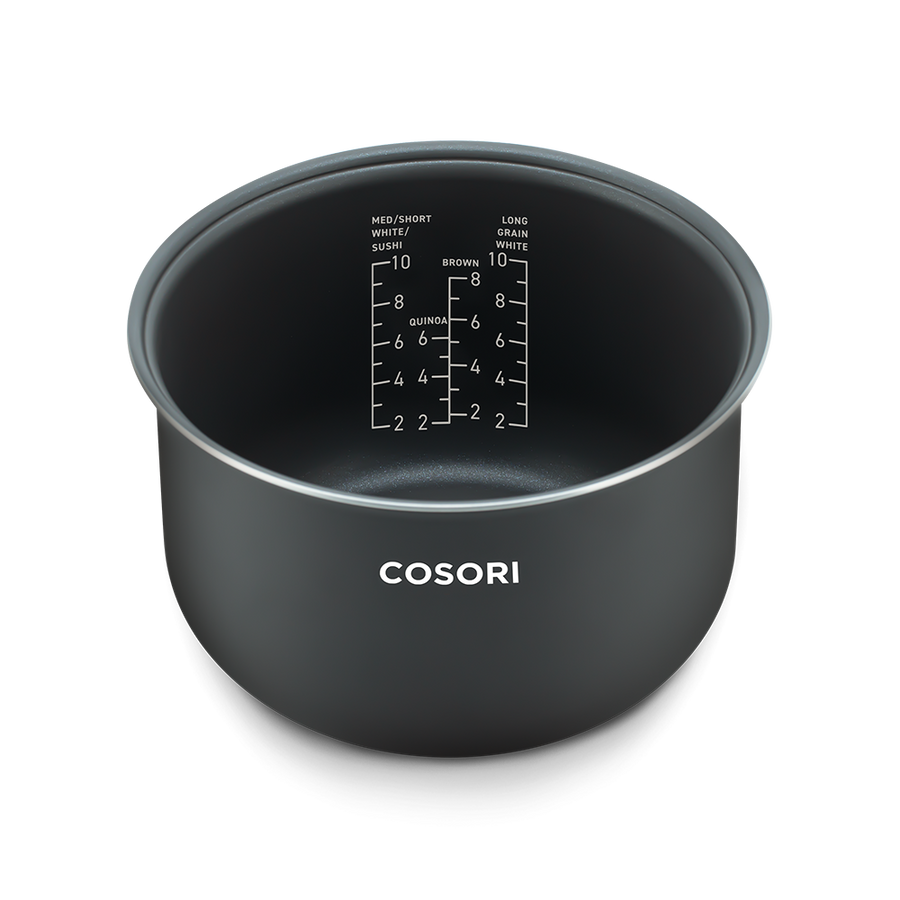 Top view of the empty 5.0-quart nonstick inner pot for the Cosori Rice Cooker.