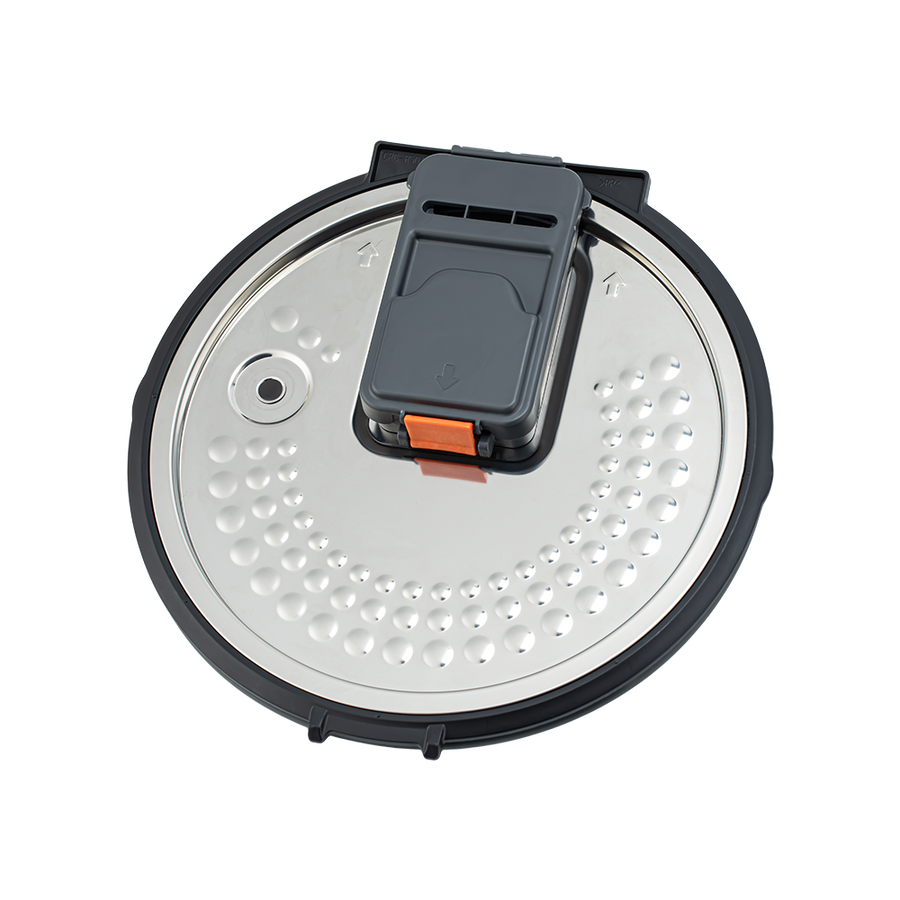 The removable metal inner lid of the Cosori Rice Cooker isolated on a white background