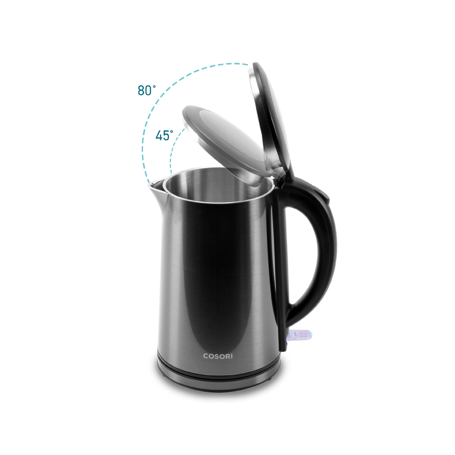 Side view of COSORI Double-Wall Stainless Steel Electric Kettle pouring hot water