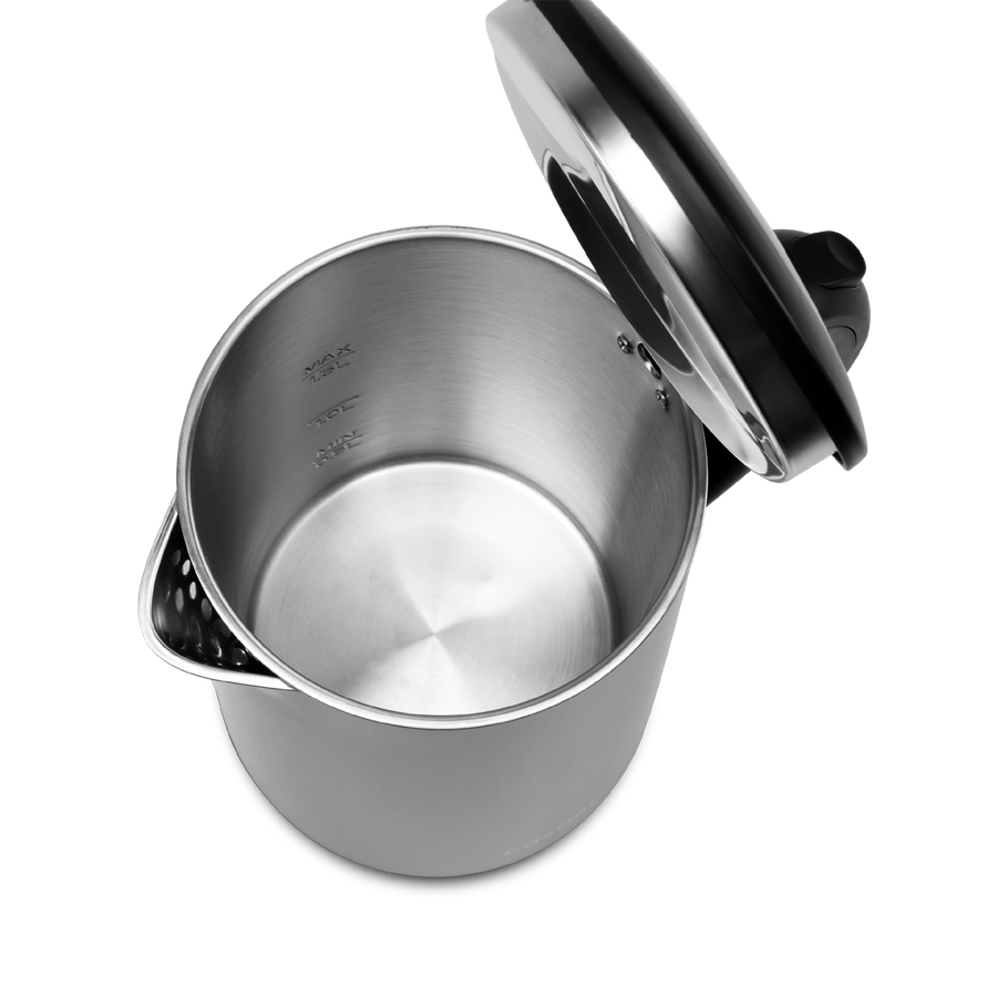 Top view of COSORI Double-Wall Stainless Steel Electric Kettle showing stainless steel interior