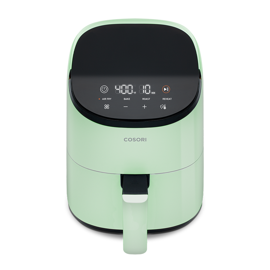 Close-up of the digital screen and settings on the sage green Cosori Lite Mini Air Fryer