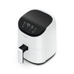 Angled view of the white Cosori Lite 2.1-Quart Mini Air Fryer, ideal for bright kitchen aesthetics.