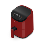 Angled front view of the red Cosori Lite 2.1-Quart Mini Air Fryer showing its matte finish