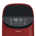 Top-down view of the LED display and cooking presets on the red Cosori Lite Mini Air Fryer