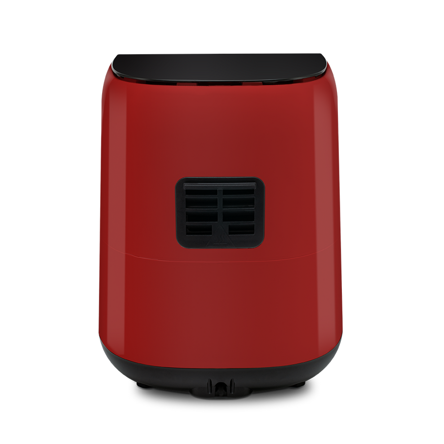 Rear view of the red Cosori Mini Air Fryer showing the rear exhaust vent and power cord