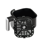 White Cosori Mini Air Fryer basket pulled out to reveal the dishwasher-safe nonstick interior.