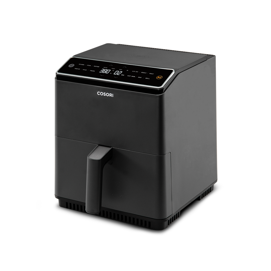 Angled side view of COSORI Dual Blaze 6.8-Quart Smart Air Fryer with compact design