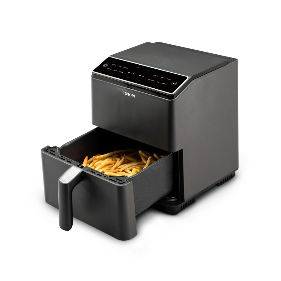 COSORI Dual Blaze 6.8-Quart Smart Air Fryer with basket extended showing cooked fries