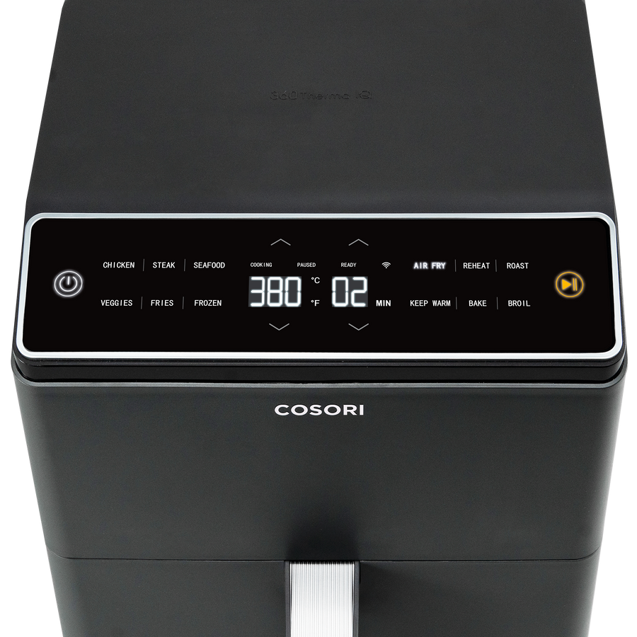 Top control panel of COSORI Dual Blaze 6.8-Quart Smart Air Fryer with digital touch display