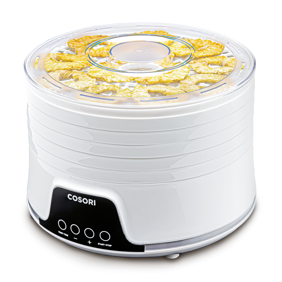 Front view of COSORI Pioneer 5-Tray Food Dehydrator with transparent stacked tray design