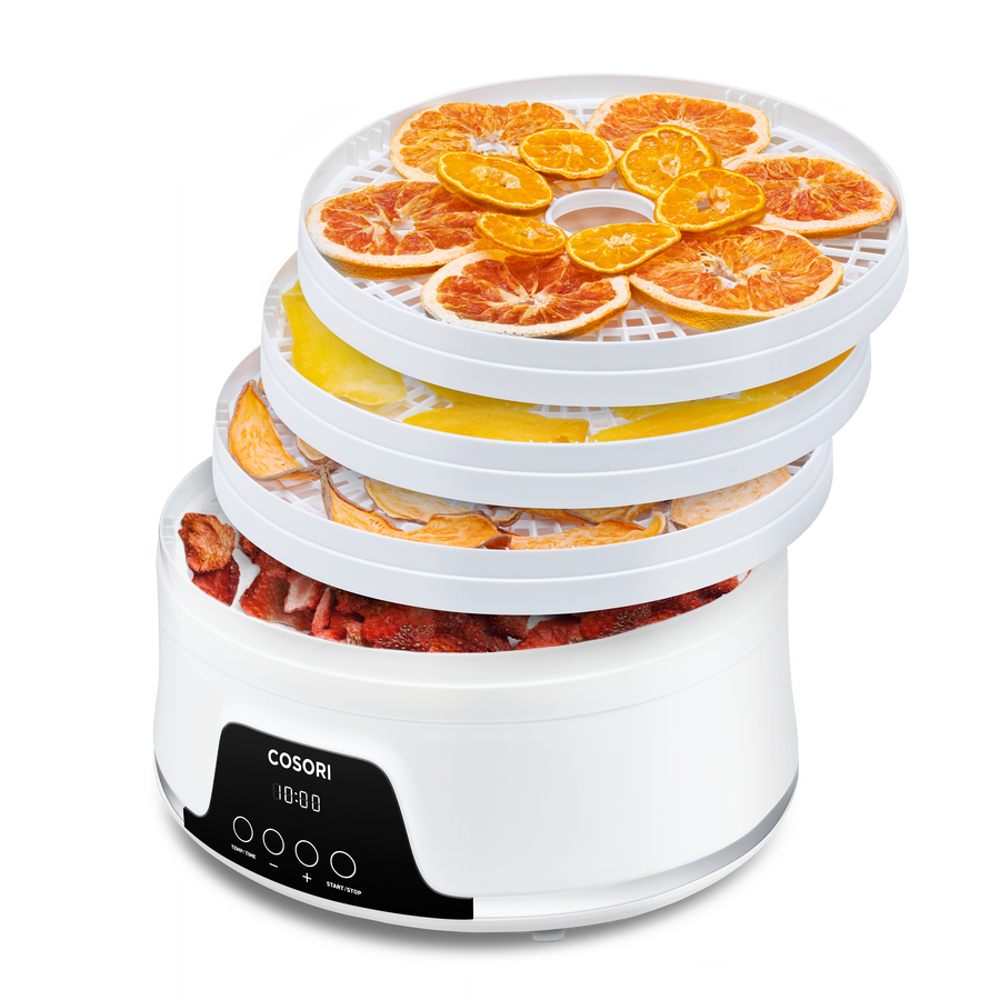 COSORI Pioneer 5-Tray Food Dehydrator with stacked trays showing sliced fruit drying