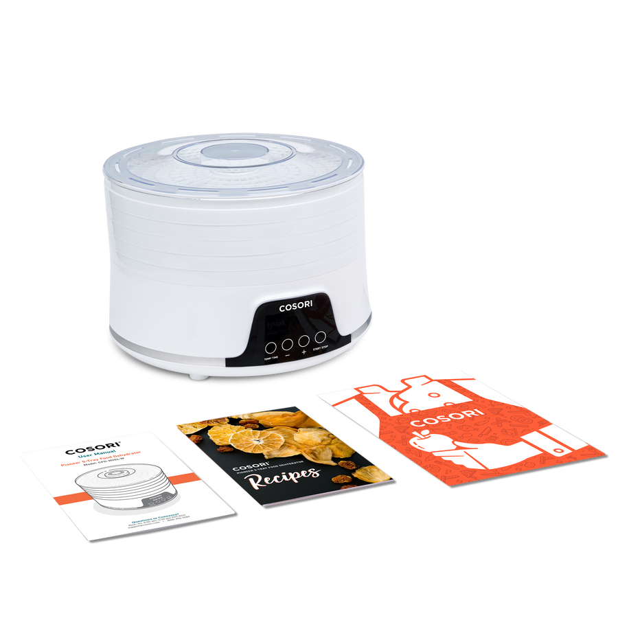 COSORI Pioneer 5-Tray Food Dehydrator with included accessories and recipe materials