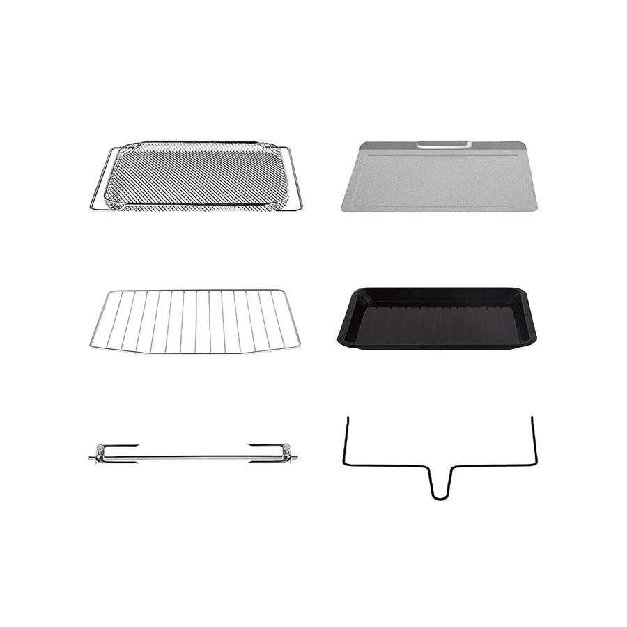 Accessories included with COSORI 30 Liter Smart Air Fryer Toaster Oven including trays, rack, and crumb tray
