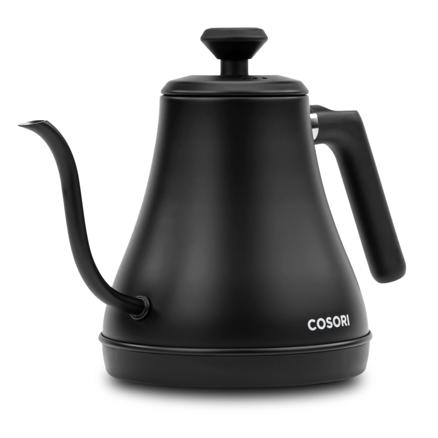Angled view of COSORI Original Electric Gooseneck Kettle in matte black finish