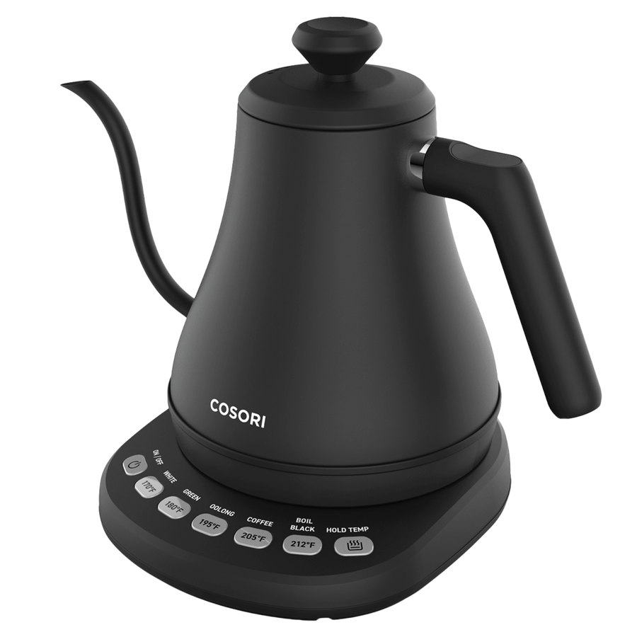 Front angled view of COSORI Original Electric Gooseneck Kettle with control buttons on base