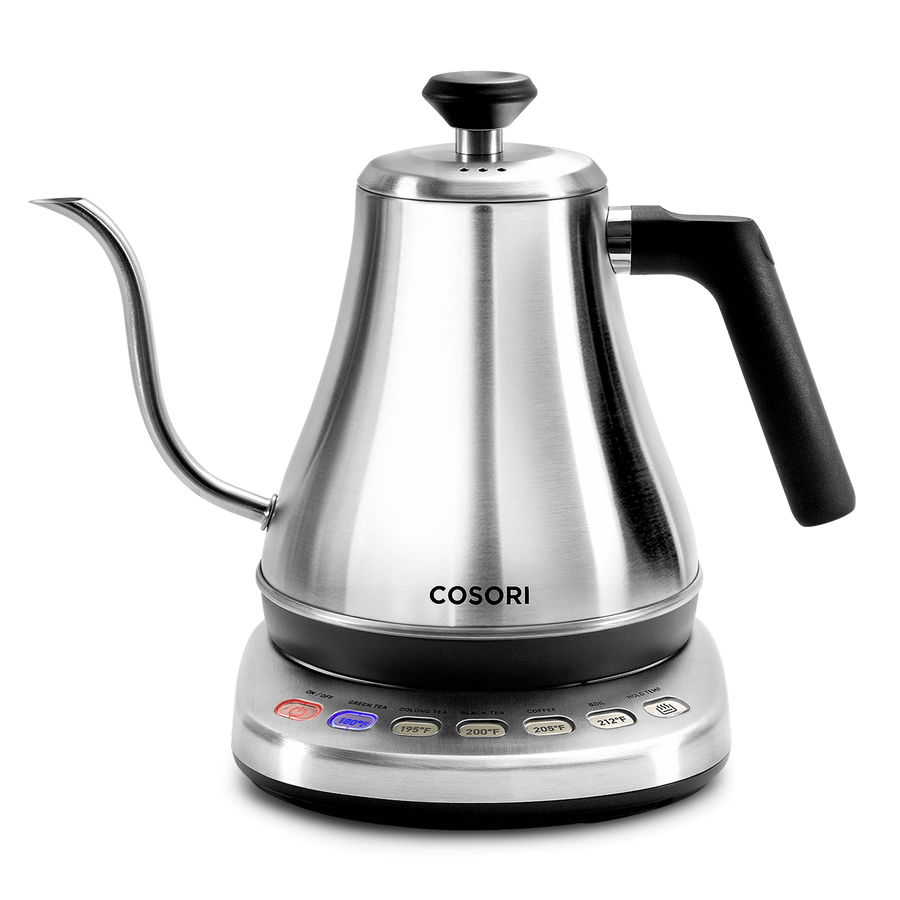 COSORI Original Electric Gooseneck Kettle in stainless steel finish with temperature control base