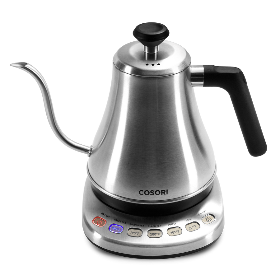 Front view of COSORI Original Electric Gooseneck Kettle in stainless steel finish