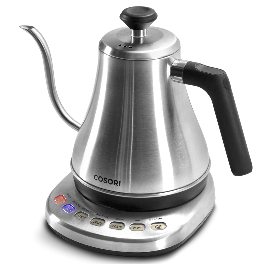 Angled view of COSORI Original Electric Gooseneck Kettle in stainless steel design