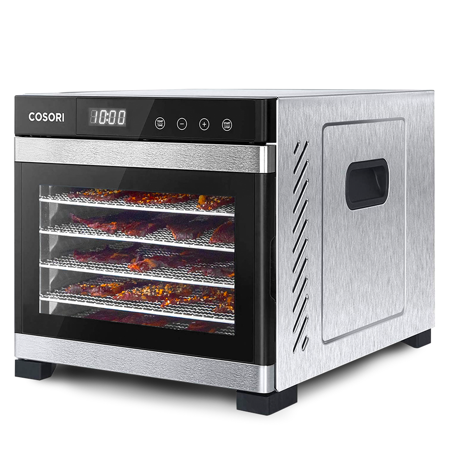 COSORI stainless steel food dehydrator with glass front door and multiple drying trays
