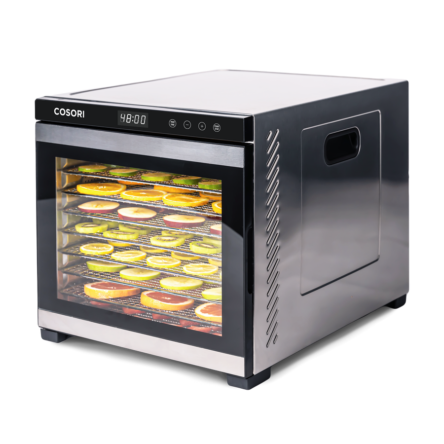 COSORI Premium Pro 10-Tray Food Dehydrator with stainless steel body and glass front door