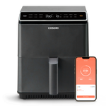 COSORI Dual Blaze 6.8-Quart Smart Air Fryer with smartphone app control displayed beside the unit
