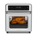 Cosori 13-Quart Air Fryer Oven with a whole roasted chicken cooking inside. Stainless steel finish