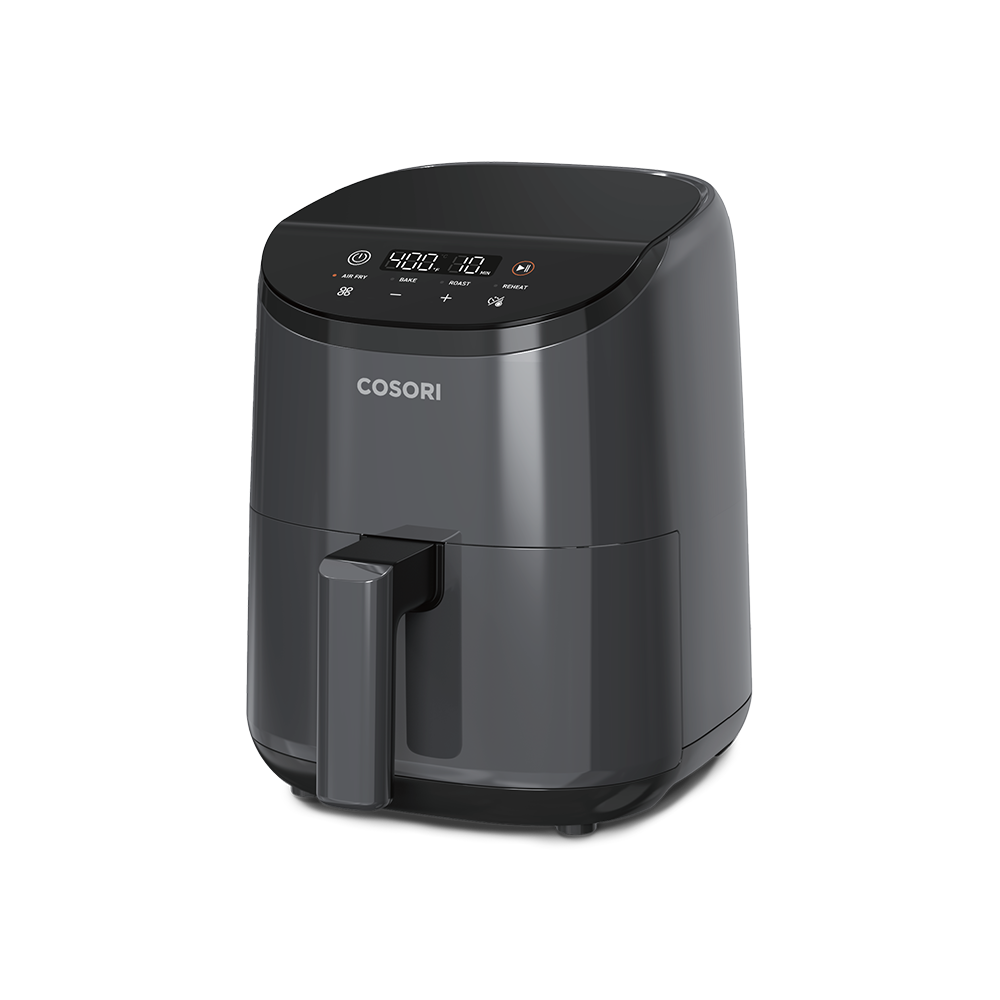 Cosori Lite 2.1-Quart Mini Air Fryer in dark grey featuring a compact design perfect for single servings