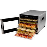 COSORI food dehydrator with door open showing trays filled with sliced fruit