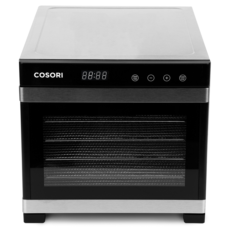 Front view of COSORI food dehydrator with stainless steel drying racks