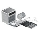 Cosori 13-Quart Air Fryer Oven shown alongside all included accessories: racks, trays, rotisserie kit, and basket.