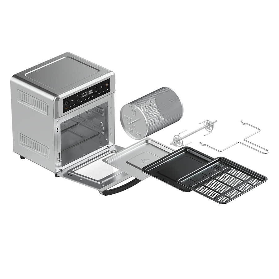 Cosori 13-Quart Air Fryer Oven shown alongside all included accessories: racks, trays, rotisserie kit, and basket.