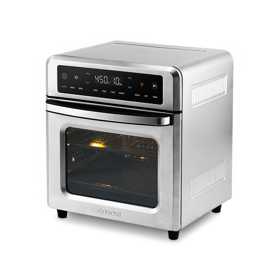 Angled front-left view showcasing the sleek stainless steel exterior design of the Cosori 13-Quart Air Fryer Oven