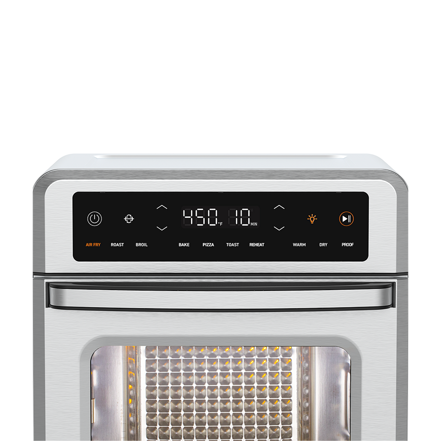 Close-up view of the digital LED control panel and touchscreen interface on the top of the Cosori oven