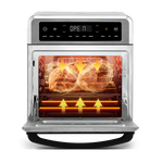 Open door view showing multi-level cooking with food dehydrating on two separate wire racks inside the oven