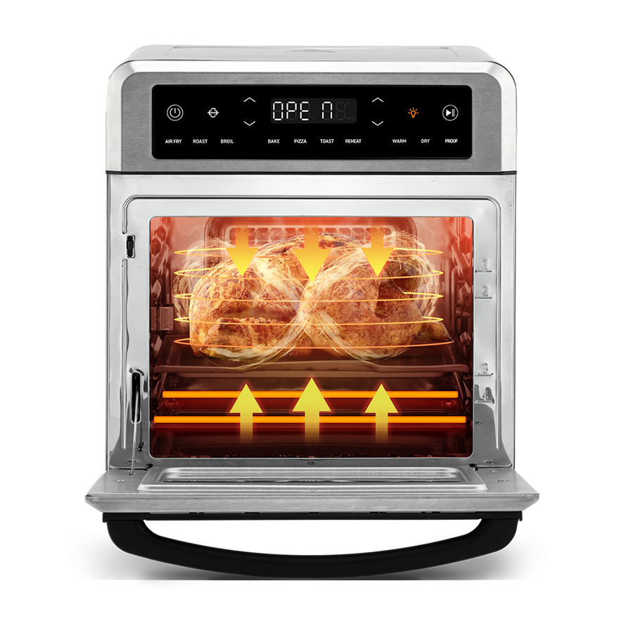 Open door view showing multi-level cooking with food dehydrating on two separate wire racks inside the oven