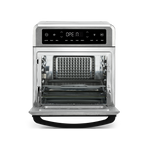 Cosori Air Fryer Oven with door open, showing the wire fry basket and baking tray inserted into different rack slots