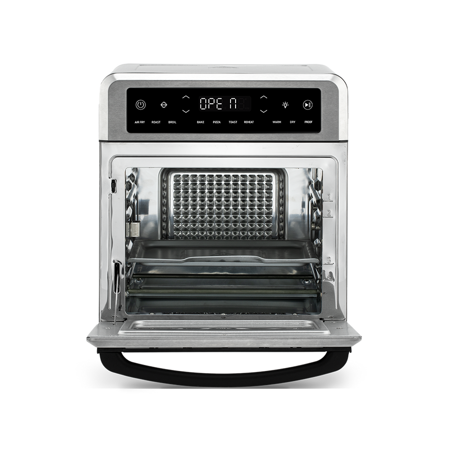 Cosori Air Fryer Oven with door open, showing the wire fry basket and baking tray inserted into different rack slots