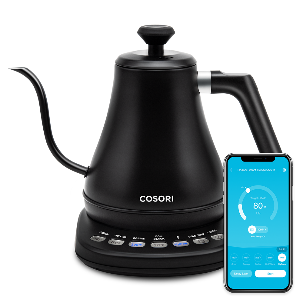 COSORI Smart Electric Gooseneck Kettle with curved gooseneck spout and cordless base